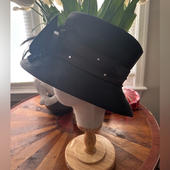 Chic Black Cloche Hat by Swan Hat with Feather and rhinestone Embellishments